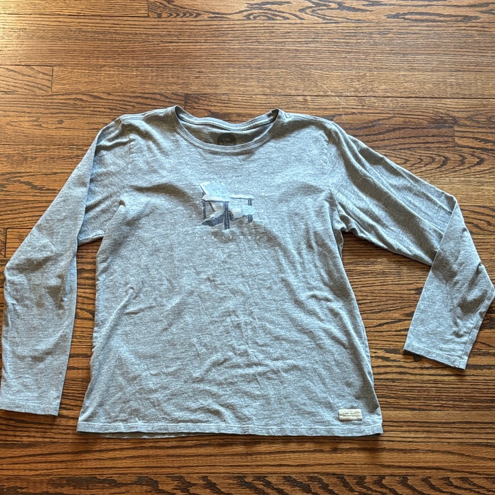 Life is Good Long Sleeve Crusher Tee, Snowy Adirondack Chair, Size Large